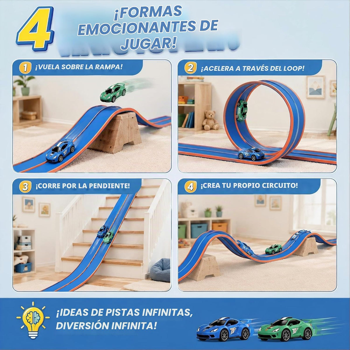 Pistas flexibles de 15 pies de pista de carreras flexibles para niños, juego de pista de auto de bricolaje con autos de rebote 1/64, pistas de carreras enrollables portátiles con ventosas fuertes