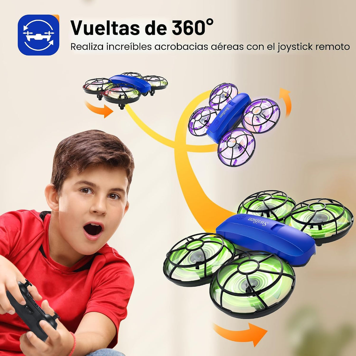 Swifsen Drones para niños con cámara, dron RC pequeño helicóptero para interiores, regalos de cumpleaños para niños y niñas principiantes amigables, mini juguete cuadricóptero con 2 baterías, protección de hélice, retención de altitud