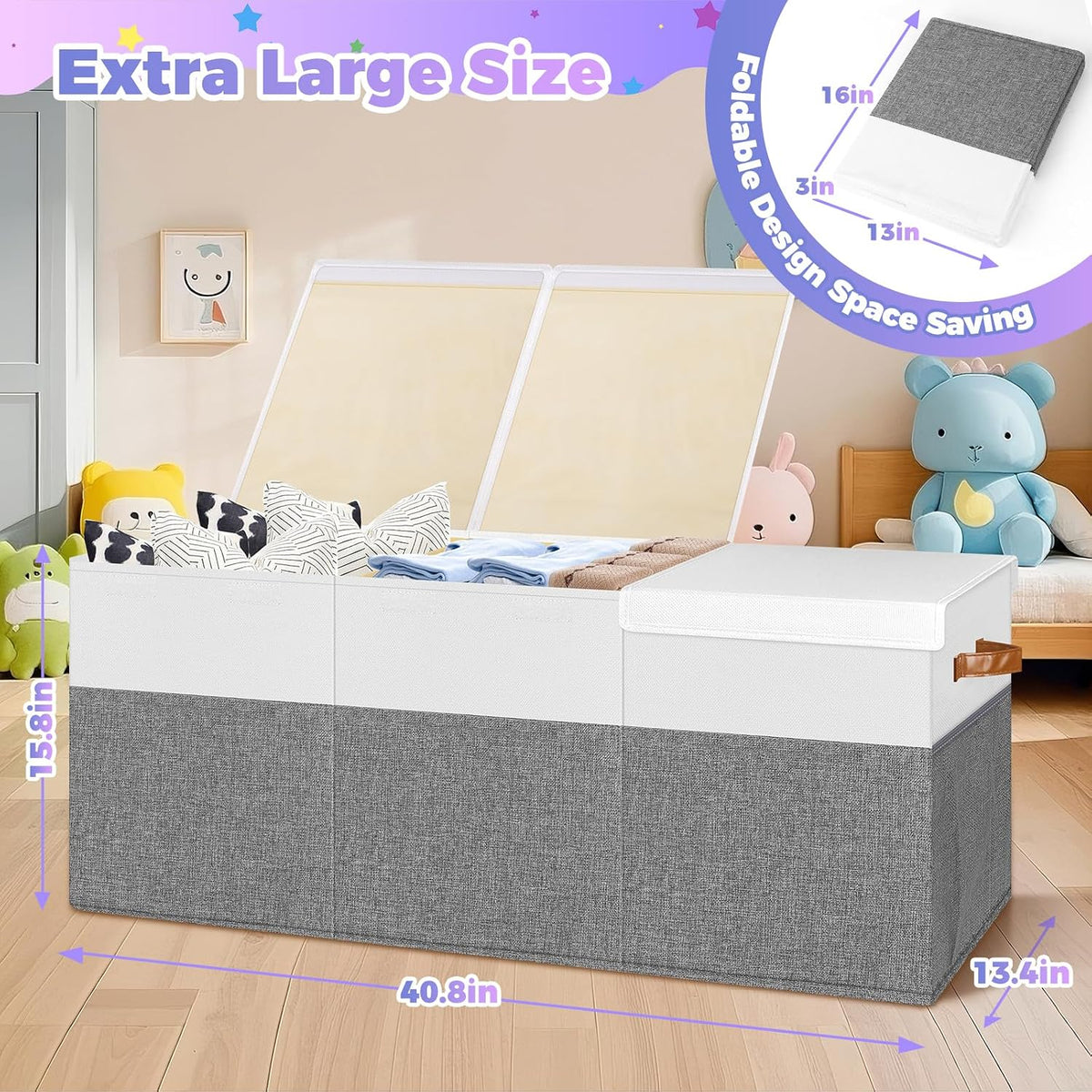 Caja de juguetes Extra Large, Cofre de almacenamiento de juguetes plegable con tapas, 40" x 14" x 16"