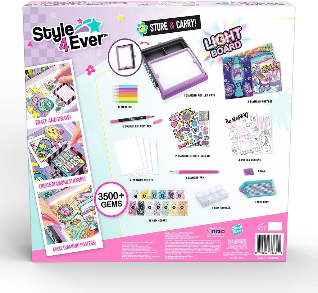 Canal Toys Style 4 Ever Estudio de Arte de Diamante. Estuche LED 3 en 1 con Tablero Iluminado. Crea Dibujos, Pósters de Diamantes y Adhesivos de Diamantes. Edad 6+