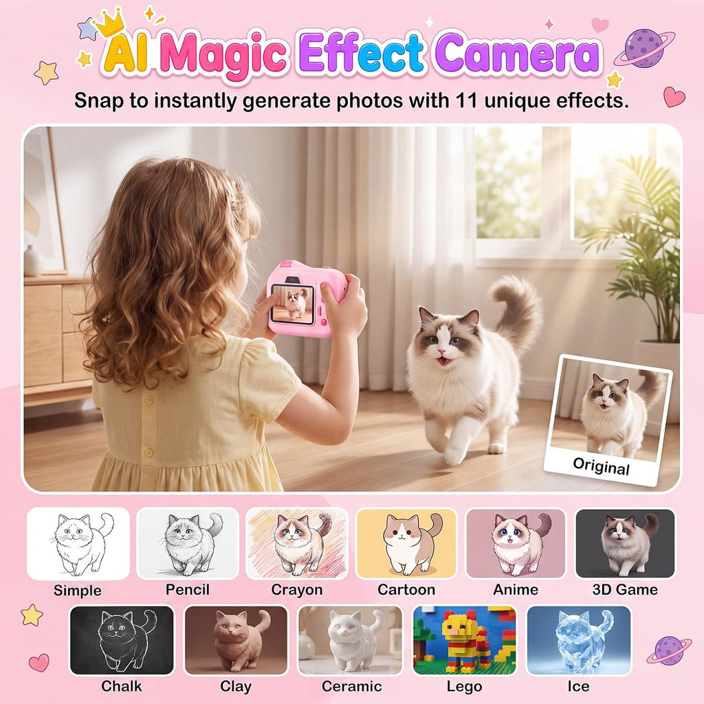 Cámara para Niños AI con Impresión Instantánea y Tarjeta de 32GB, 5 Rollos de Papel, 1080P