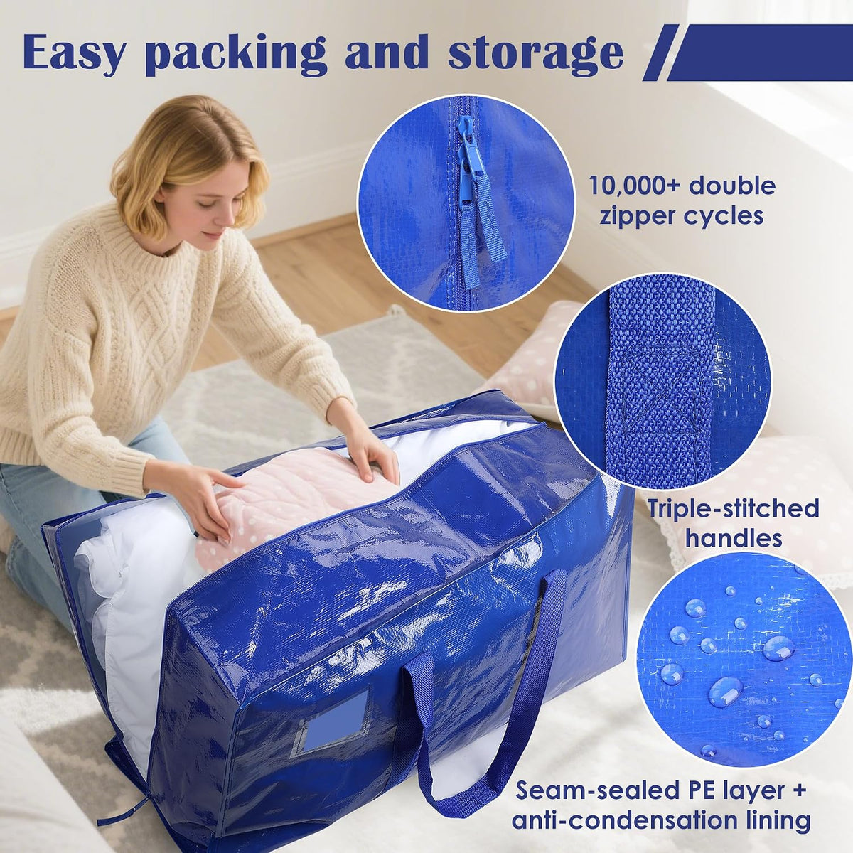 Paquete de 6 bolsas de mudanza extra grandes resistentes con cremallera reforzada y asas anchas, contenedores de almacenamiento resistentes a la humedad cubos de empaque para ropa, dormitorio