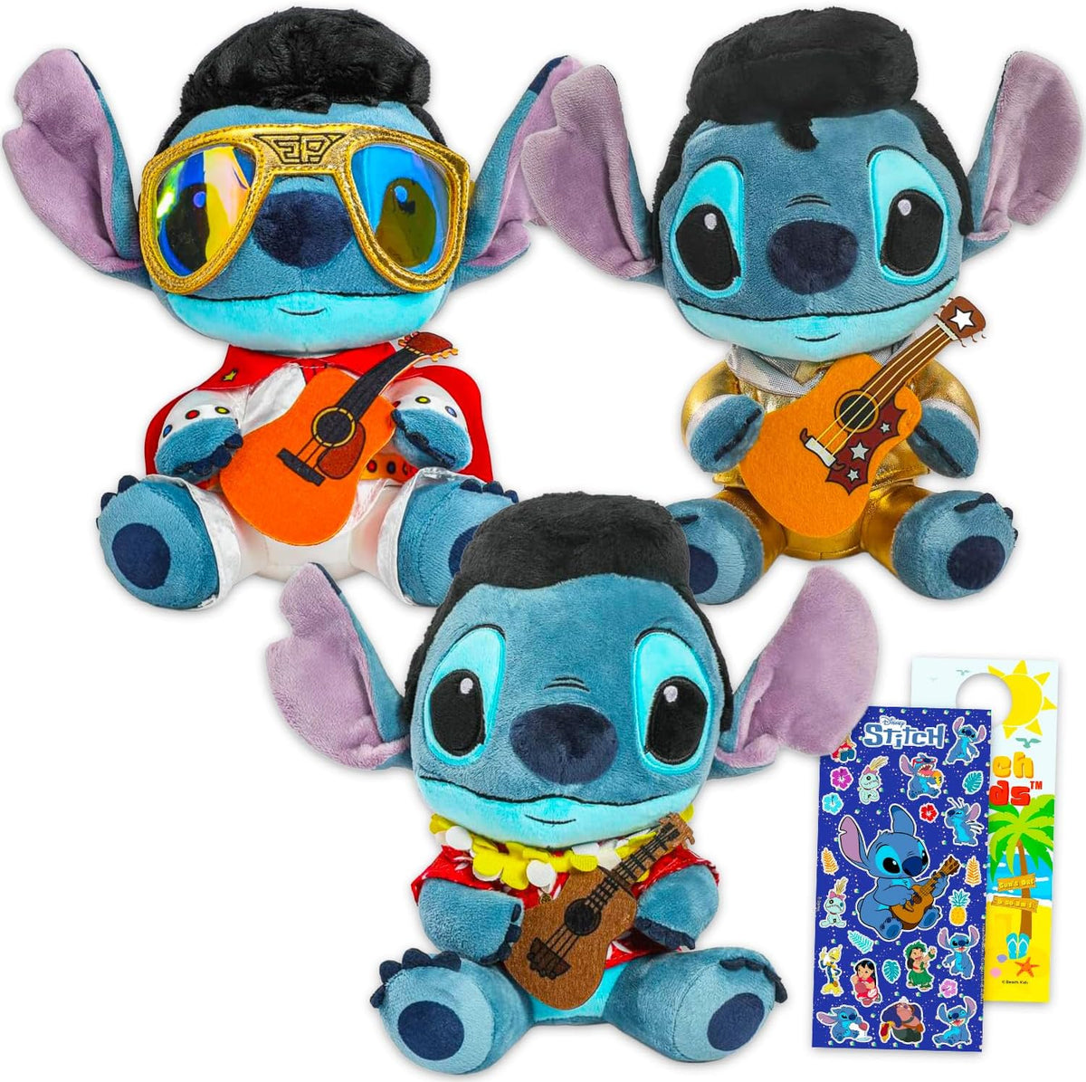 Disney Stitch - Juego de juguetes de peluche, paquete de 3 con peluches de 9 pulgadas para niños, niñas con puntada con disfraces de Elvis y calcomanías, más muñecas de felpa