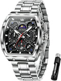OLEVS Reloj para Hombres Analógico Cuarzo Lujo Diamante Resistente al Agua Cronógrafo Acero Inoxidable Carita Grande Cuadrado Fecha Fase Lunar Romano Relojes de Vestir para Hombres