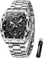 OLEVS Reloj para Hombres Analógico Cuarzo Lujo Diamante Resistente al Agua Cronógrafo Acero Inoxidable Carita Grande Cuadrado Fecha Fase Lunar Romano Relojes de Vestir para Hombres