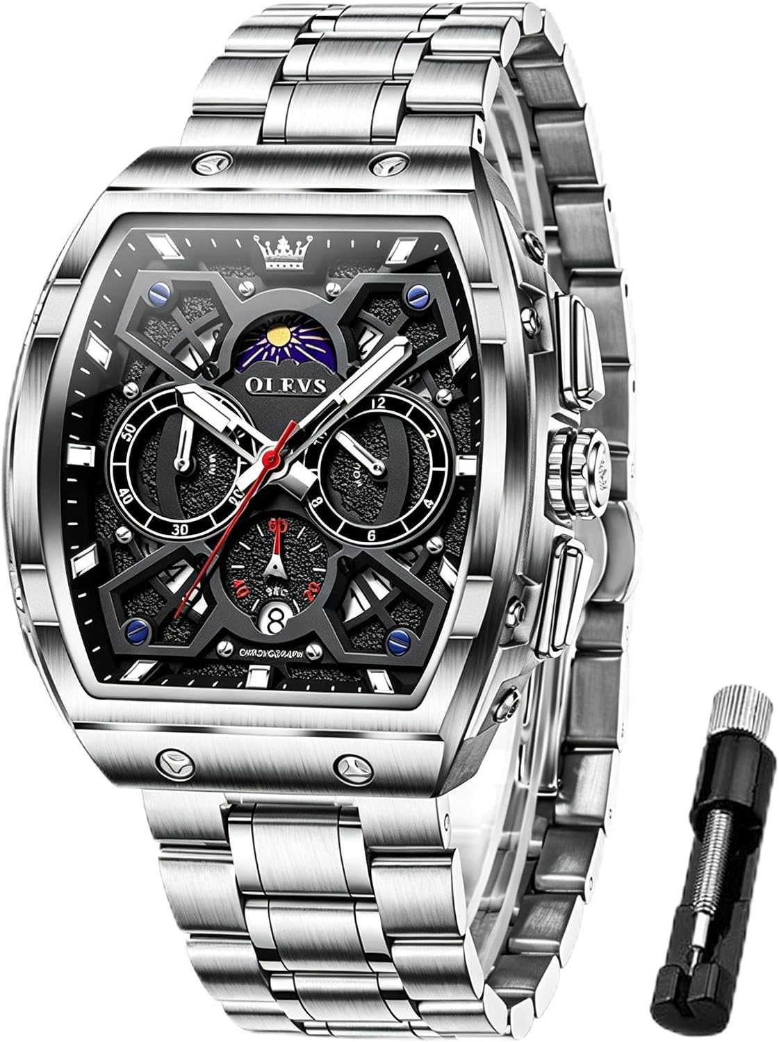 OLEVS Reloj para Hombres Analógico Cuarzo Lujo Diamante Resistente al Agua Cronógrafo Acero Inoxidable Carita Grande Cuadrado Fecha Fase Lunar Romano Relojes de Vestir para Hombres