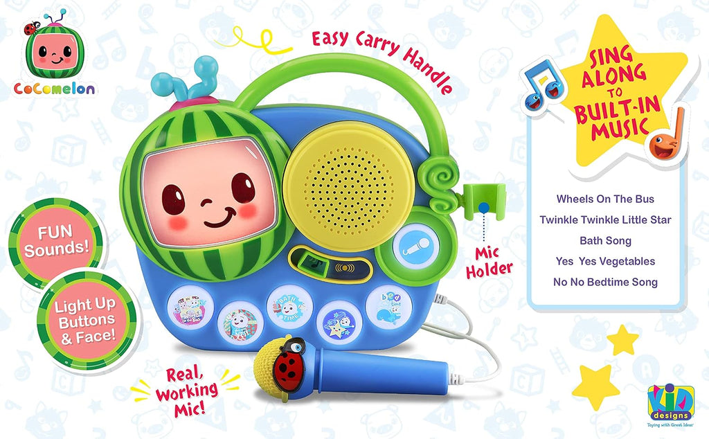 eKids Cocomelon Juguete Singalong Boombox con micrófono y música incorporada, juguetes para niños pequeños para fanáticos de los regalos de Cocomelon