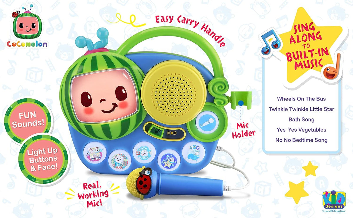 eKids Cocomelon Juguete Singalong Boombox con micrófono y música incorporada, juguetes para niños pequeños para fanáticos de los regalos de Cocomelon