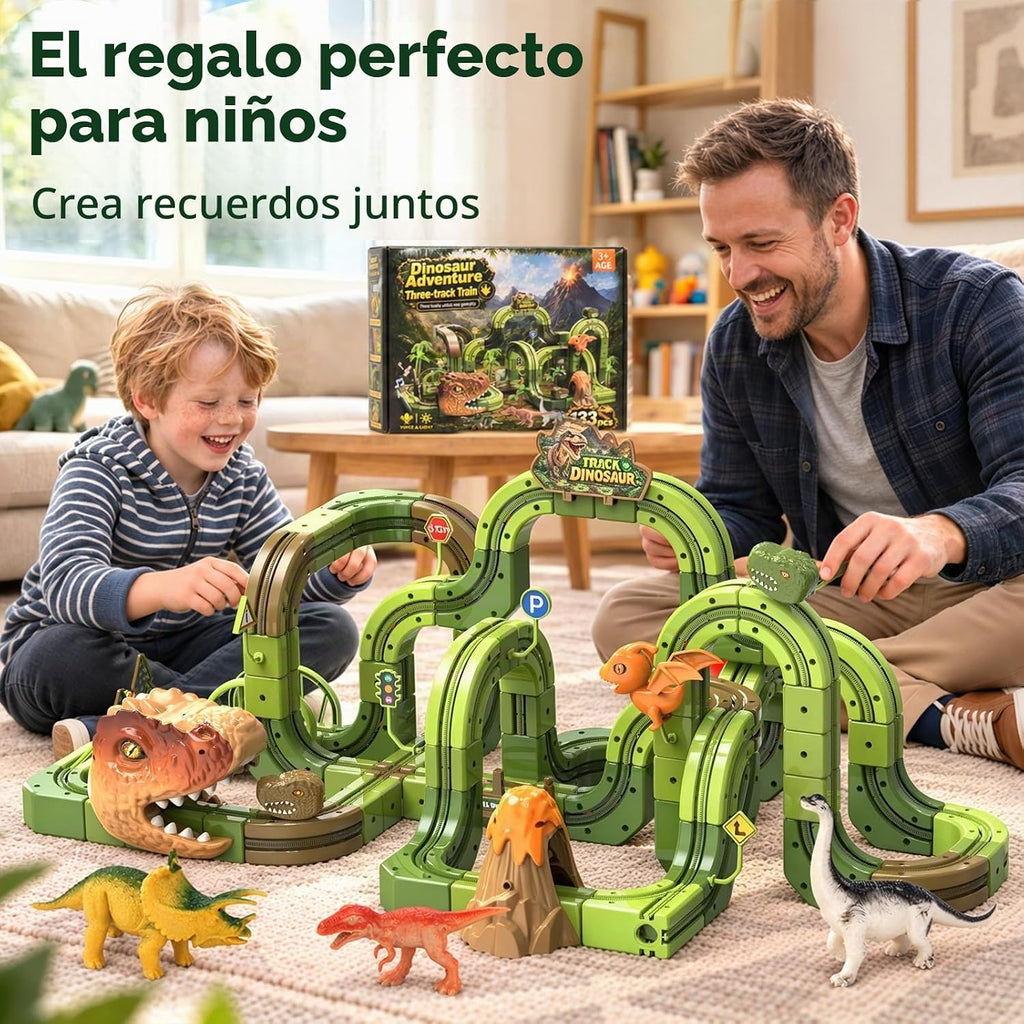 Juego de tren de dinosaurio eléctrico de 133 piezas, pista de carreras de