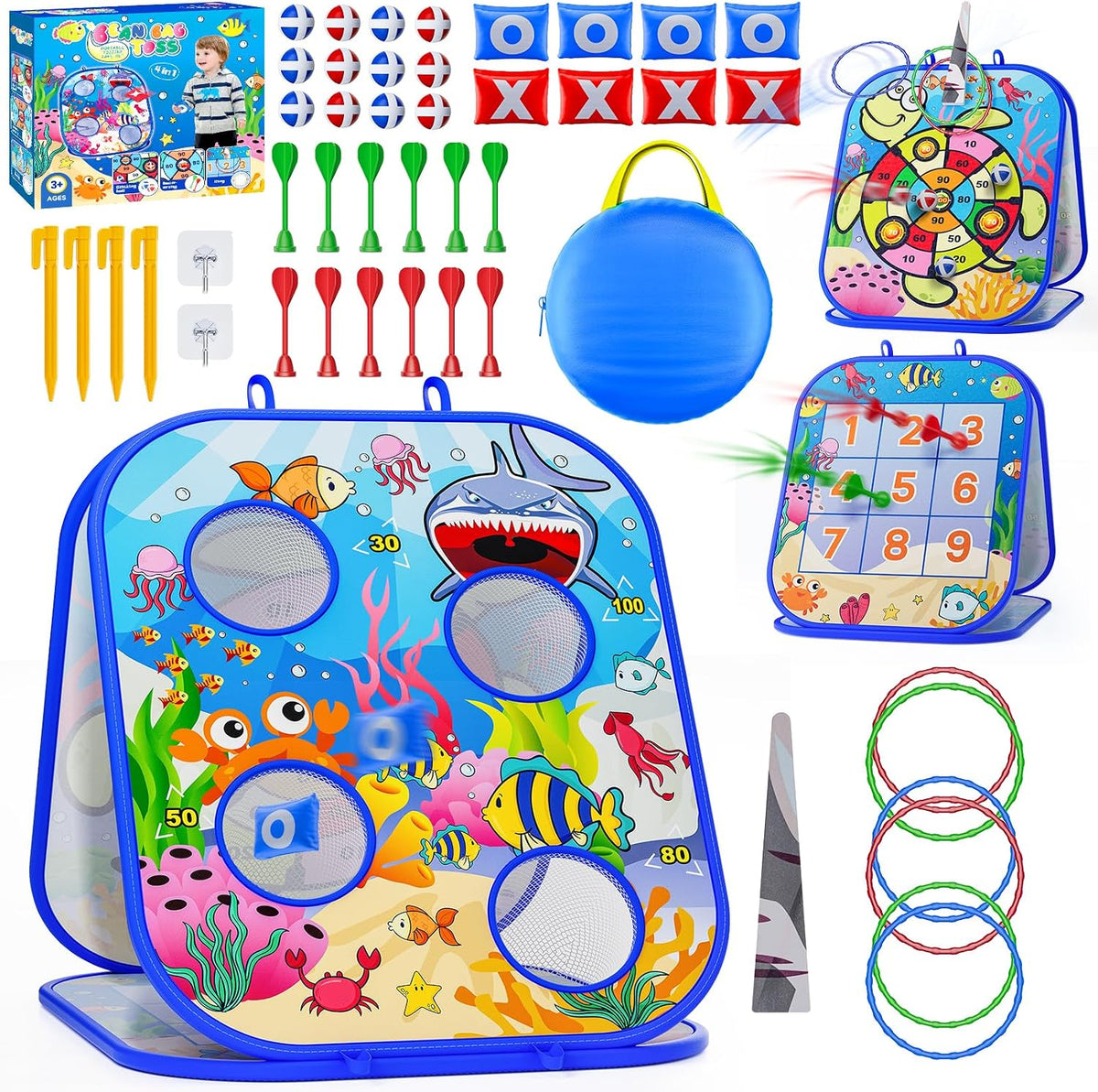 RIEYON - Juego de lanzamiento de sacos 5 en 1 para niños, tablero de Cornhole para niños, actividades de fiesta y patio trasero al aire libre, regalo de cumpleaños o Navidad para niños de 3, 4, 5, 6, 7, 8 años
