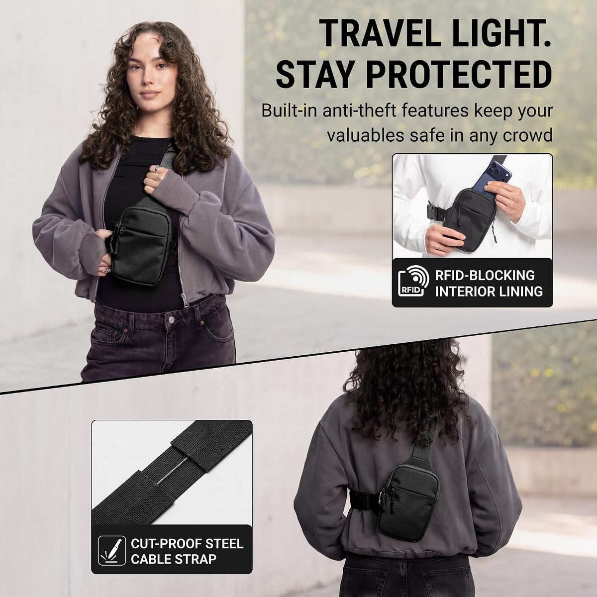 Bolso tipo bandolera de viaje para hombres y mujeres, bolso cruzado antirrobo con bloqueo RFID