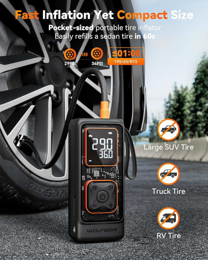 WOLFBOX Inflador de neumáticos inalámbrico, compresor de aire portá...