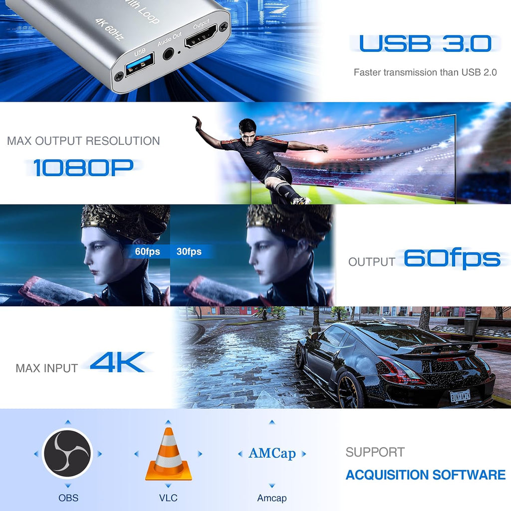 Tarjeta de captura HDMI USB 3.0 con entrada y bucle 4K60, captura de juegos de latencia ultra baja 1080P60 para transmisión, Plug & Play con entrada de micrófono/audio, compatible con PS5/Xbox/Switch/PC/OBS