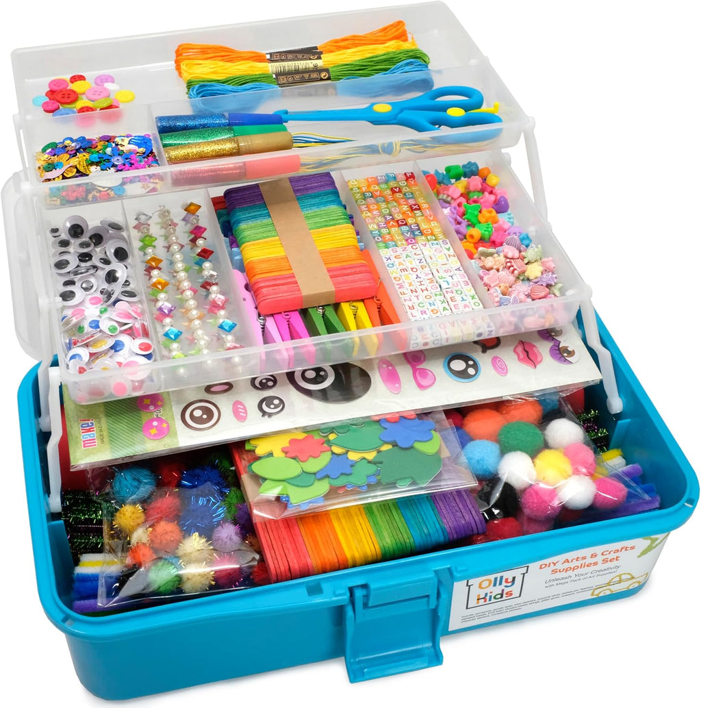 Olly Kids Biblioteca de kits de manualidades en una caja organizadora de plástico para manualidades, suministros de arte y manualidades para niños de 4, 5, 6, 7, 8, 9, 10, 11 y 12 años, niños y niñas
