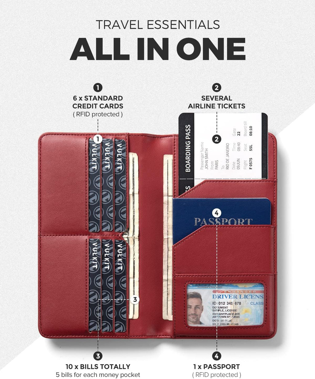 VULKIT Portapasaportes Billetera con Bloqueo RFID Cartera de Viaje para Hombres y Mujeres, Rojo, Cartera de viaje