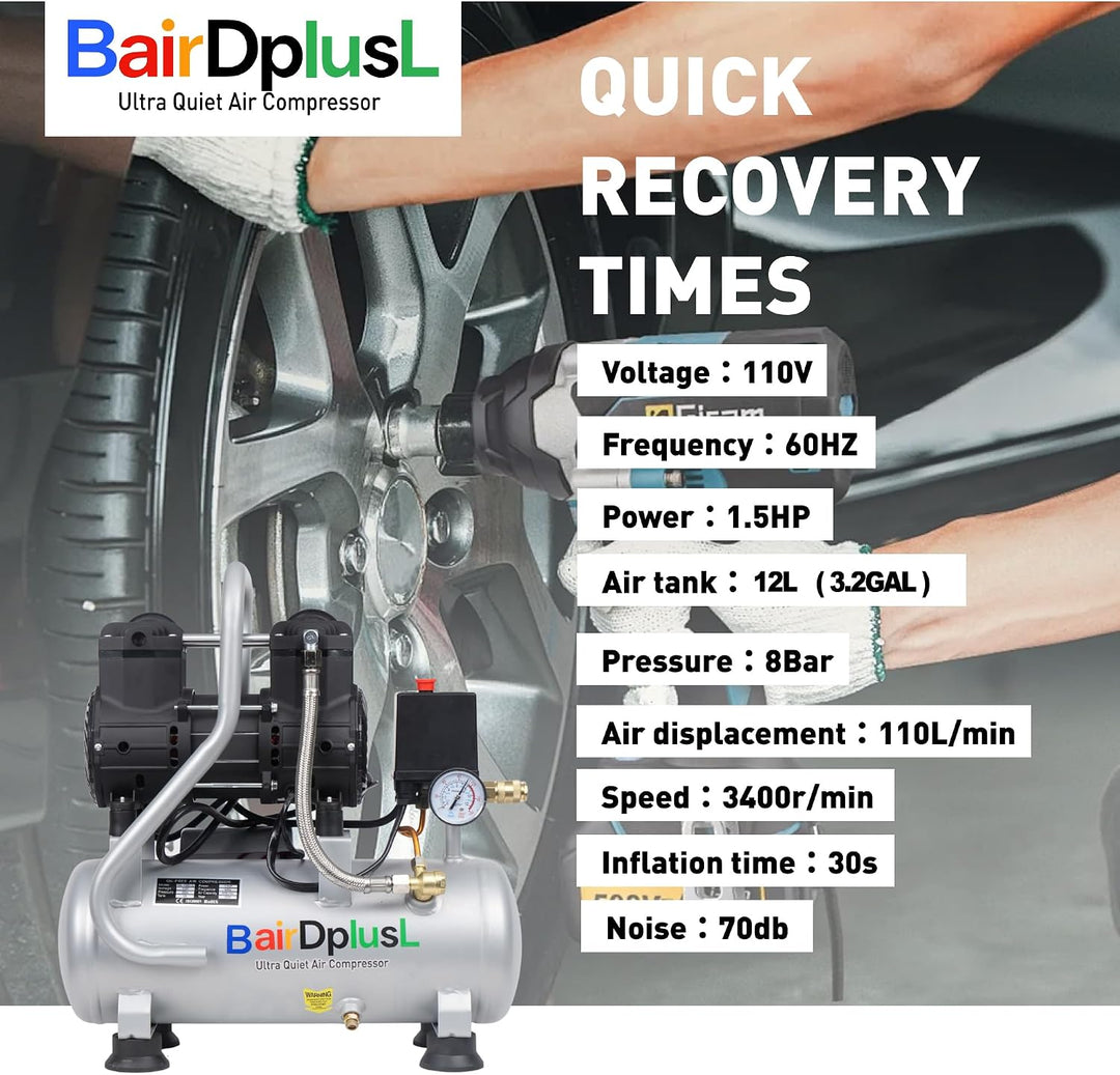 BairDplusL - Compresor de aire ultra silencioso de 3.2 galones, 110...