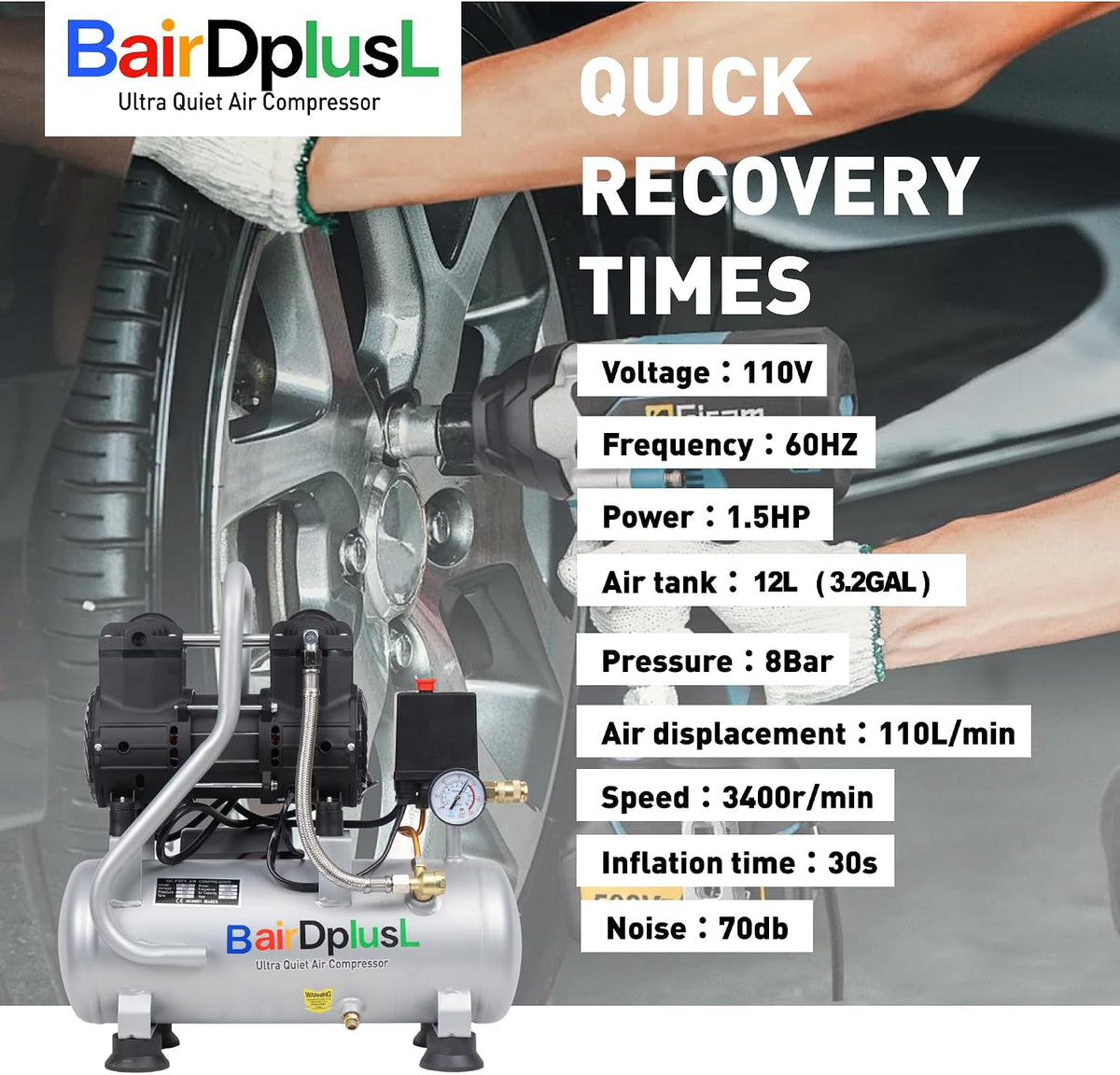 BairDplusL - Compresor de aire ultra silencioso de 3.2 galones, 110...