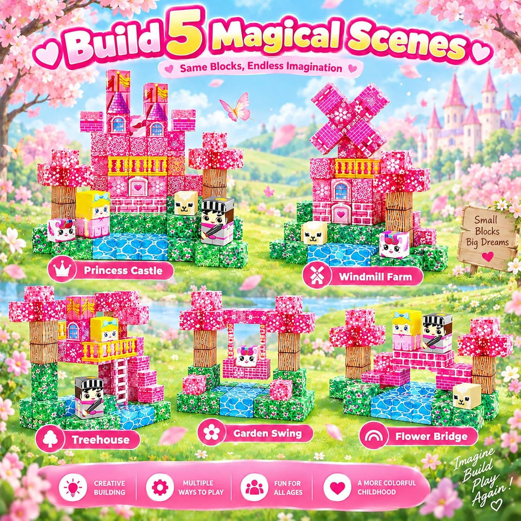 Bloques magnéticos – 100 cubos magnéticos de bloques de construcción, bloques magnéticos transparentes, castillo de princesa, juegos de construcción para niños, juguetes de imanes apilables STEM