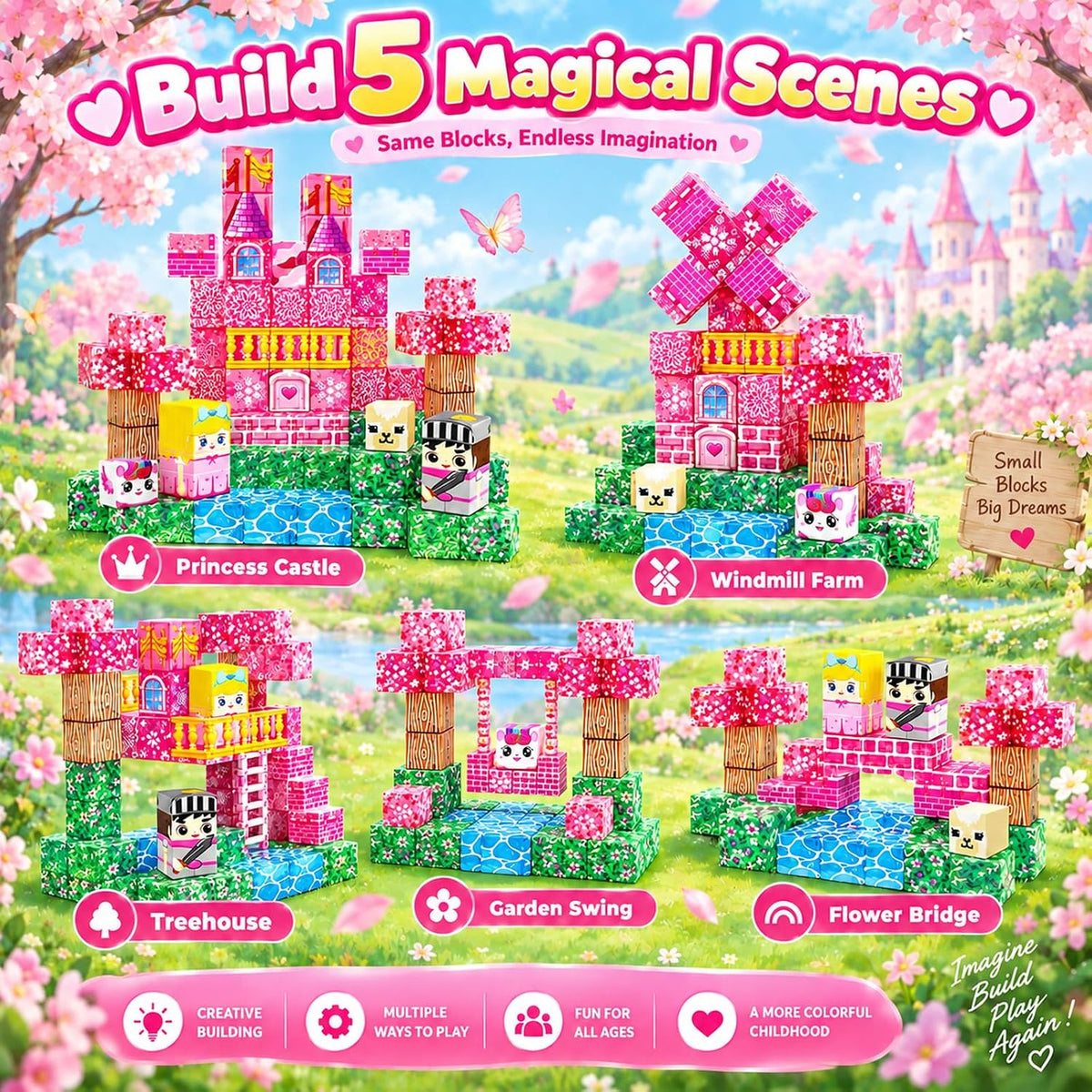 Bloques magnéticos – 100 cubos magnéticos de bloques de construcción, bloques magnéticos transparentes, castillo de princesa, juegos de construcción para niños, juguetes de imanes apilables STEM
