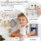 Cocina de juego de madera para niños pequeños de 3 a 5 años con sistema de almacenamiento y 18 piezas, juego de regalo de cocina compacto todo en uno, nevera, máquina de hielo, cafetera