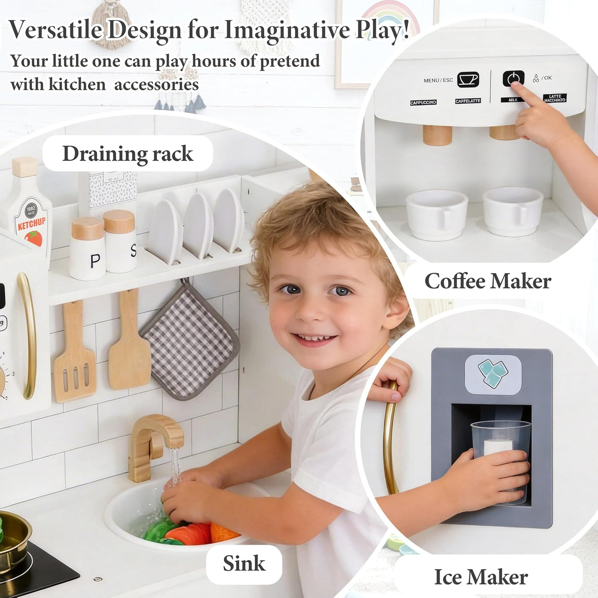 Cocina de juego de madera para niños pequeños de 3 a 5 años con sistema de almacenamiento y 18 piezas, juego de regalo de cocina compacto todo en uno, nevera, máquina de hielo, cafetera