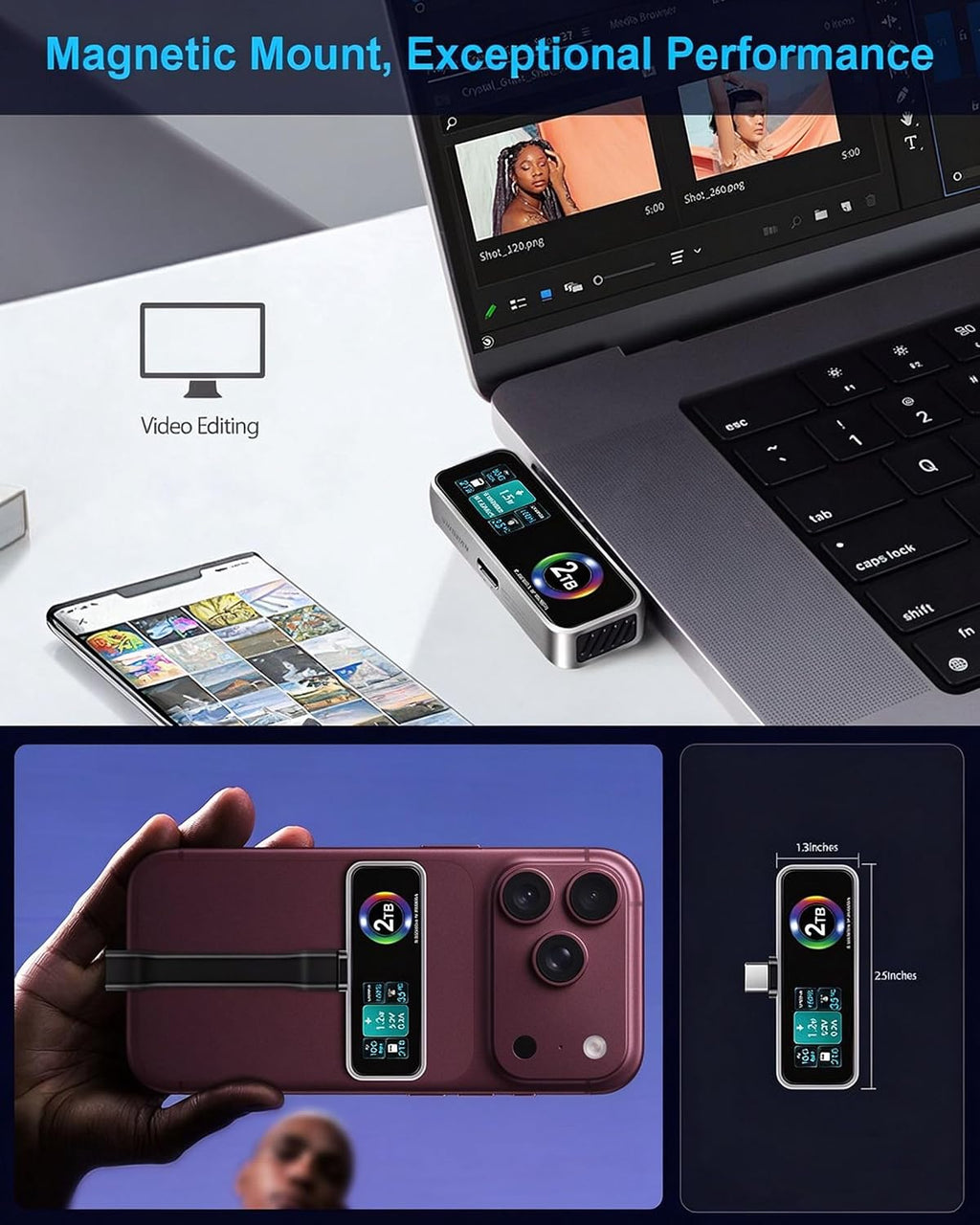 2TB magnético portátil iPhone SSD para ProRes 4K 60fps Video