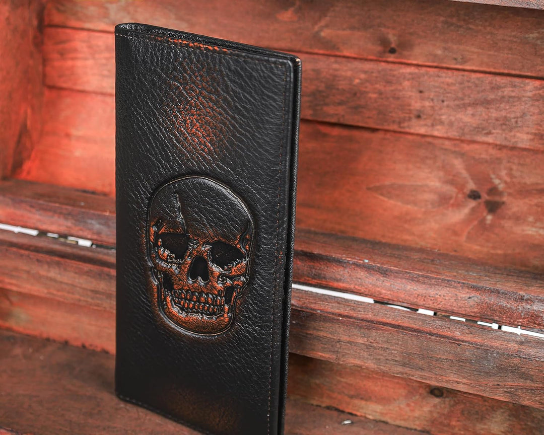DK86 Cartera larga de calavera para hombre, cuero de grano completo...