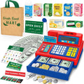 Calculadora de caja registradora de juguete de regalo para niños de 3, 4, 5, 6, 7, 8+ años, juego de 120 piezas de tienda de comestibles con micrófono, cajas de comestibles, tarjeta de crédito, caja registradora roja para niños pequeños de 4 a 8 años