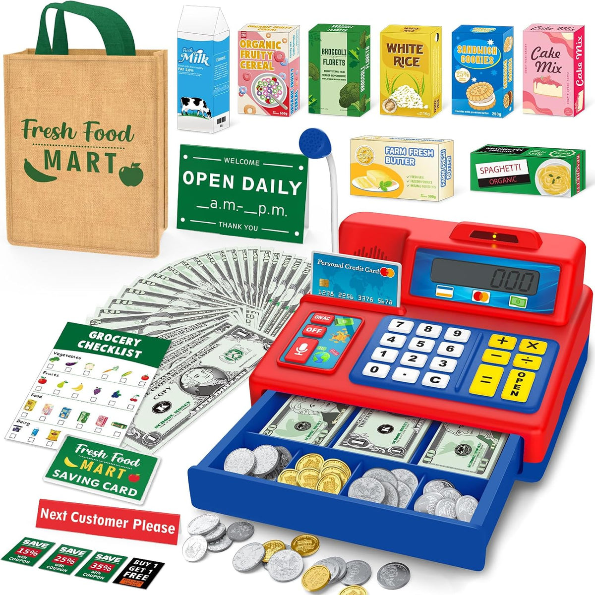 Calculadora de caja registradora de juguete de regalo para niños de 3, 4, 5, 6, 7, 8+ años, juego de 120 piezas de tienda de comestibles con micrófono, cajas de comestibles, tarjeta de crédito, caja registradora roja para niños pequeños de 4 a 8 años