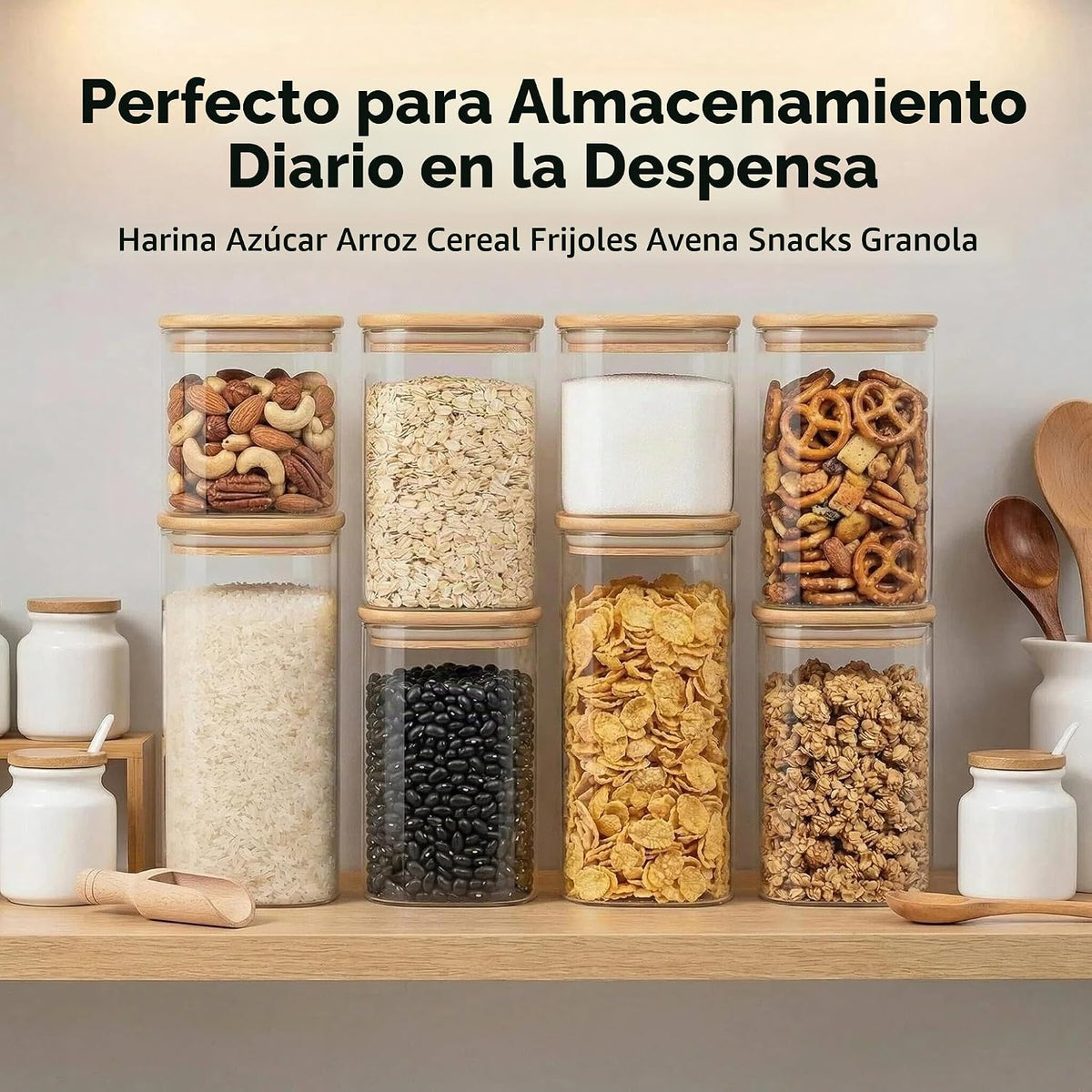 Contenedores herméticos de vidrio con tapas, paquete de 9 recipientes de almacenamiento de despensa y pasta, 25/37/51/78 onzas, juego de recipientes cuadrados de cocina para harina, azúcar