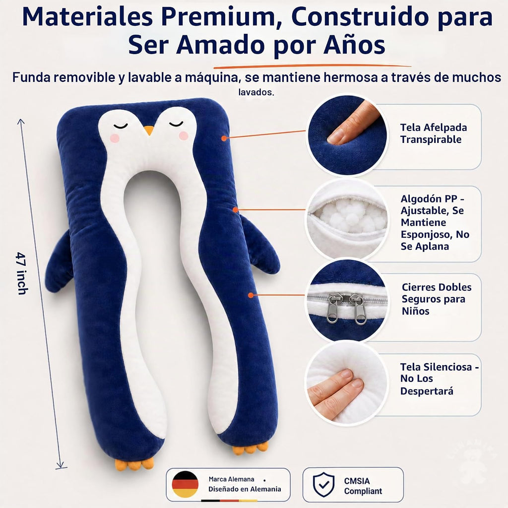 Almohada de cuerpo de pingüino para niños - Almohada de felpa larga en forma de U de 47" para niños, para dormir, leer, comodidad para TDAH y necesidades especiales, ansiedad, funda lavable