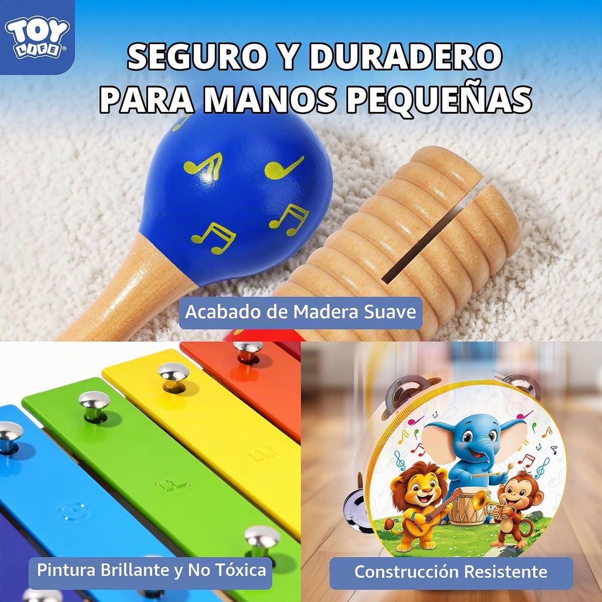 TOY Life Instrumentos musicales para niños pequeños, juguetes musicales para bebés de 1 a 3 años, juguetes de madera Montessori, juego de instrumentos de percusión con pandereta xilófono Maracas para niños de educación preescolar