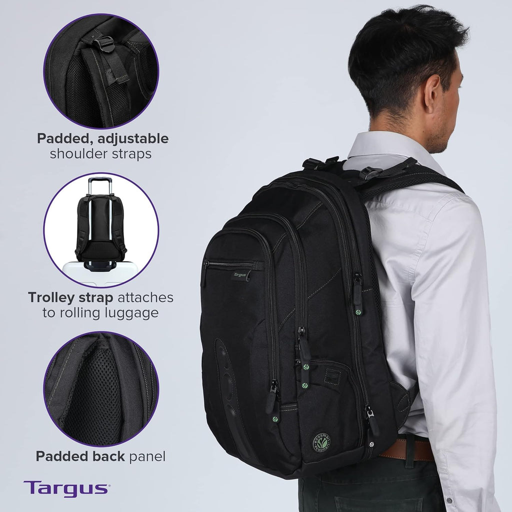 Targus Spruce EcoSmart - Mochila de viaje para laptop de 17 pulgadas, mochila de mano compatible con la TSA, bolsa para computadora portátil para trabajo y viajes, color negro (TBB019US)
