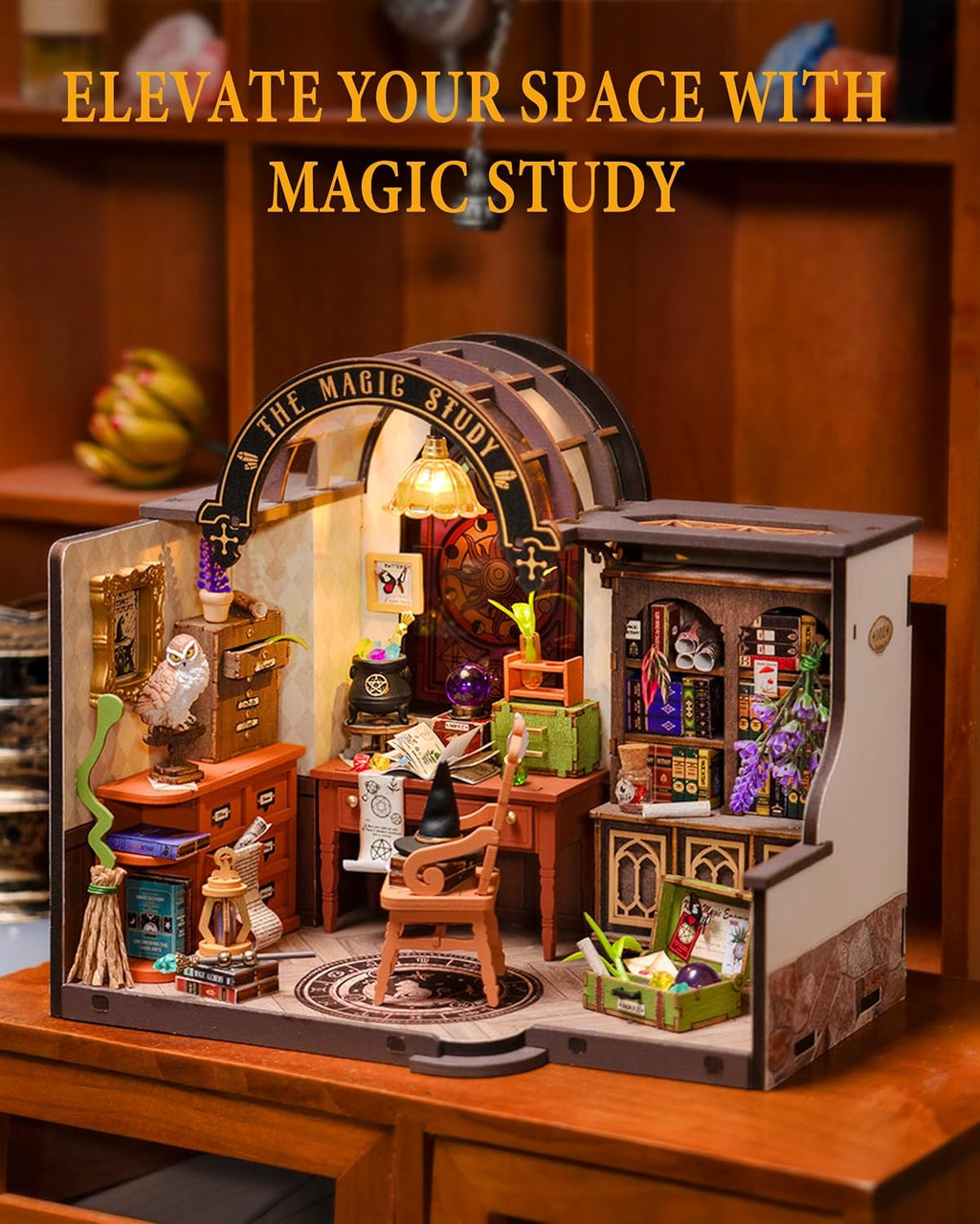 Rowood Kit de casa en miniatura para estudio mágico, kit de casa de muñecas en miniatura para adultos, kits de manualidades de mago para mujeres con LED, regalo de cumpleaños de Navidad para adultos (estudio mágico)