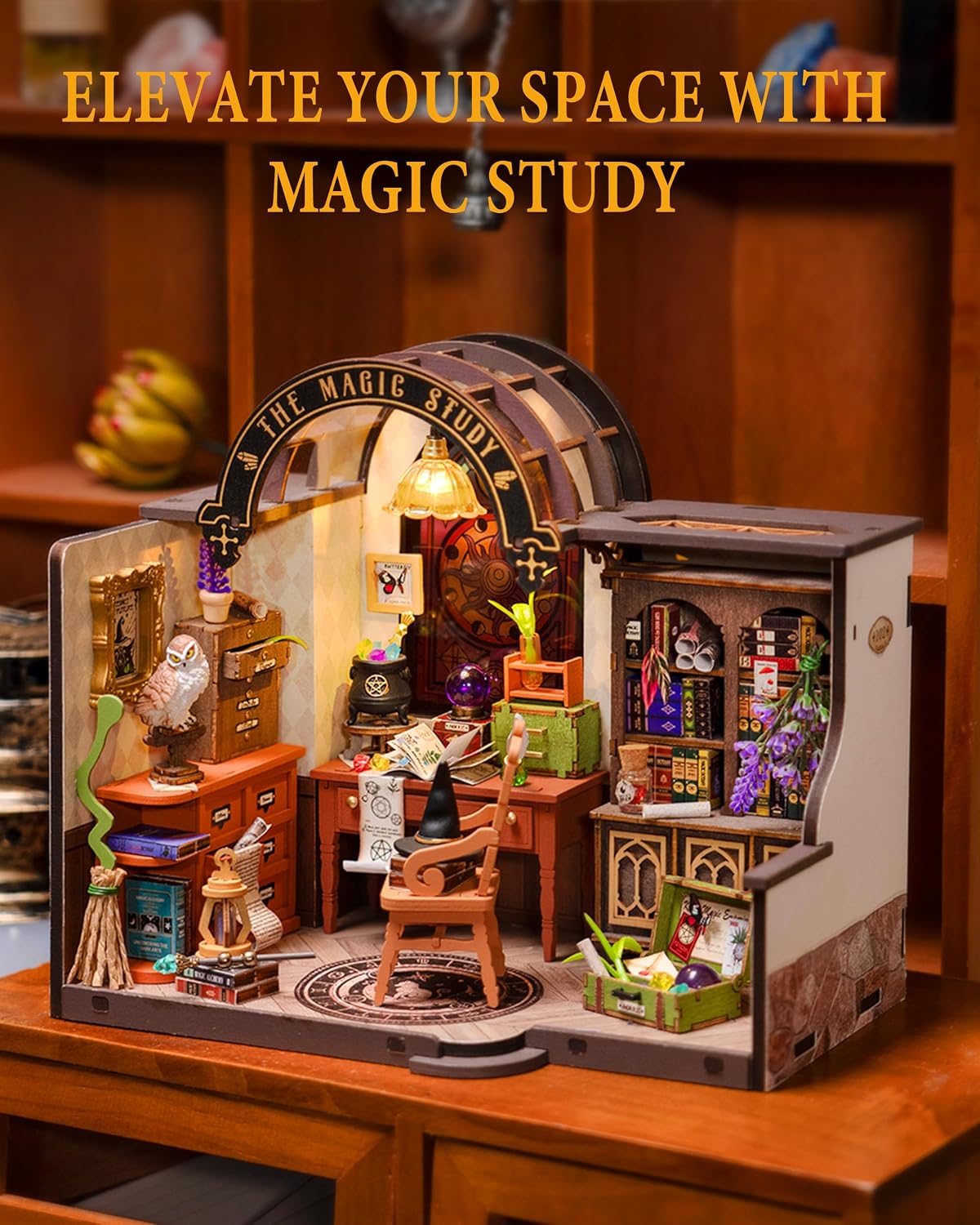 Rowood Kit de casa en miniatura para estudio mágico, kit de casa de muñecas en miniatura para adultos, kits de manualidades de mago para mujeres con LED, regalo de cumpleaños de Navidad para adultos (estudio mágico)
