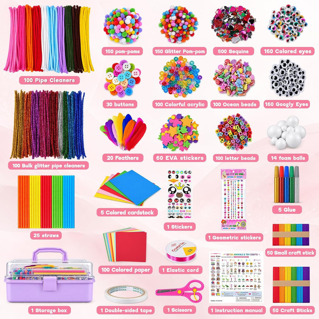 Anyeve Kit de 2176 piezas de suministros para artes y manualidades, caja de manualidades todo en uno con pompones y plumas, ideas de regalo de manualidades y juego de actividades artísticas para niños