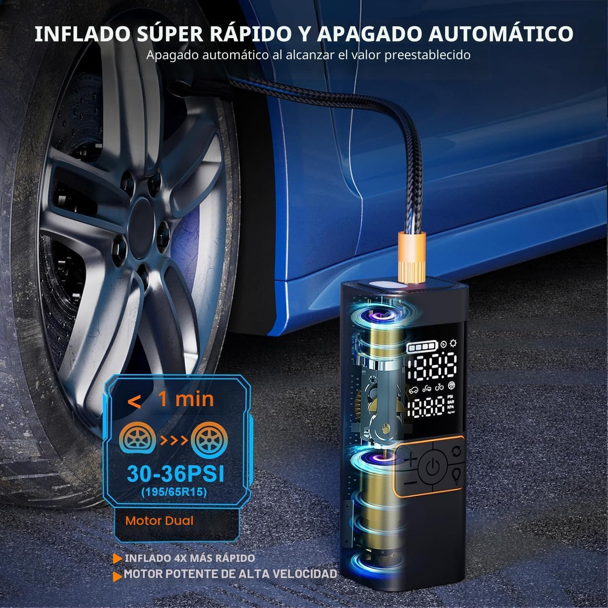 Inflador de neumáticos inalámbrico de 6000 mAh, compresor de aire p...