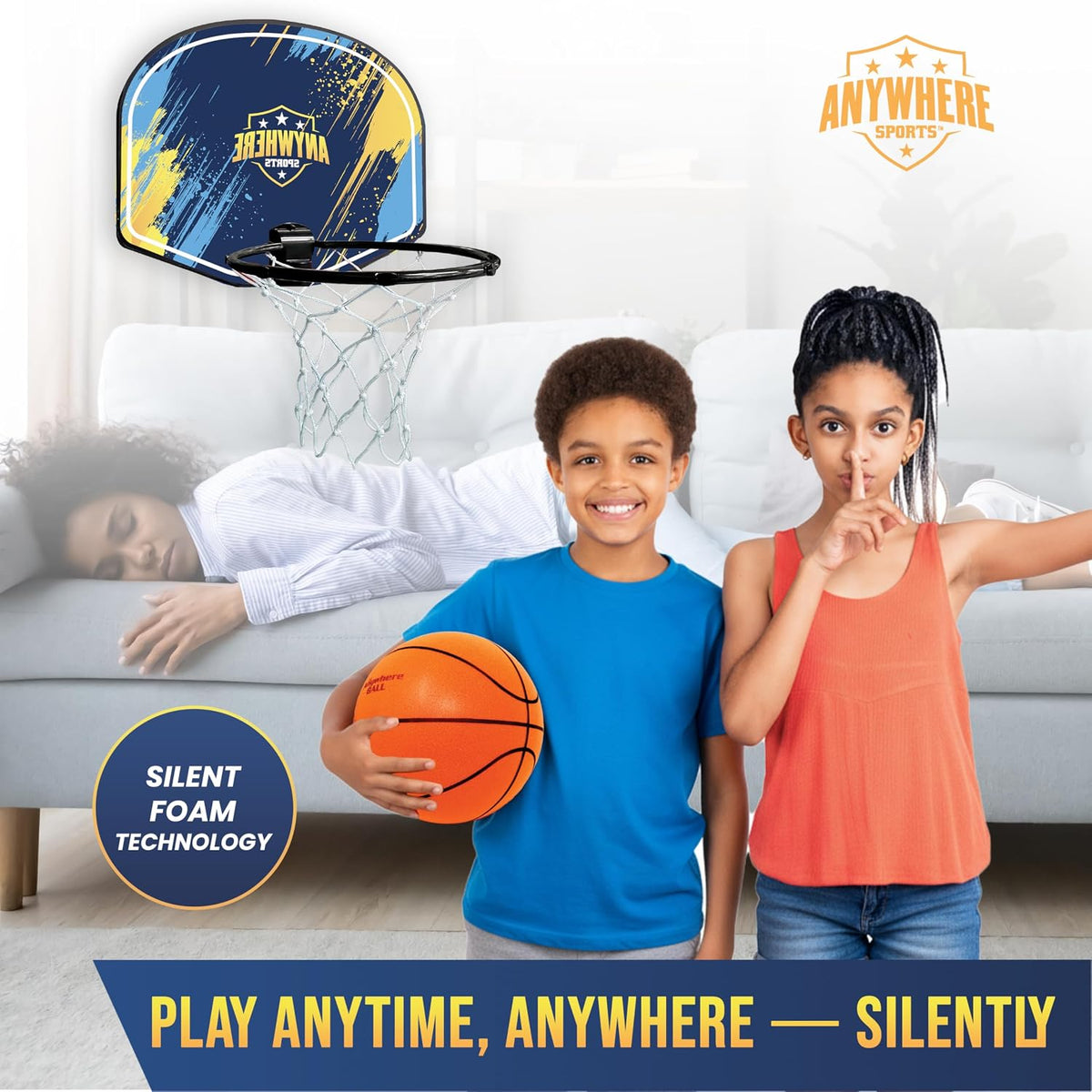 Juego de baloncesto silencioso y aro – Sobre la puerta, juego silencioso para niños, fácil montaje con clip, incluye baloncesto de espuma de 6 pulgadas