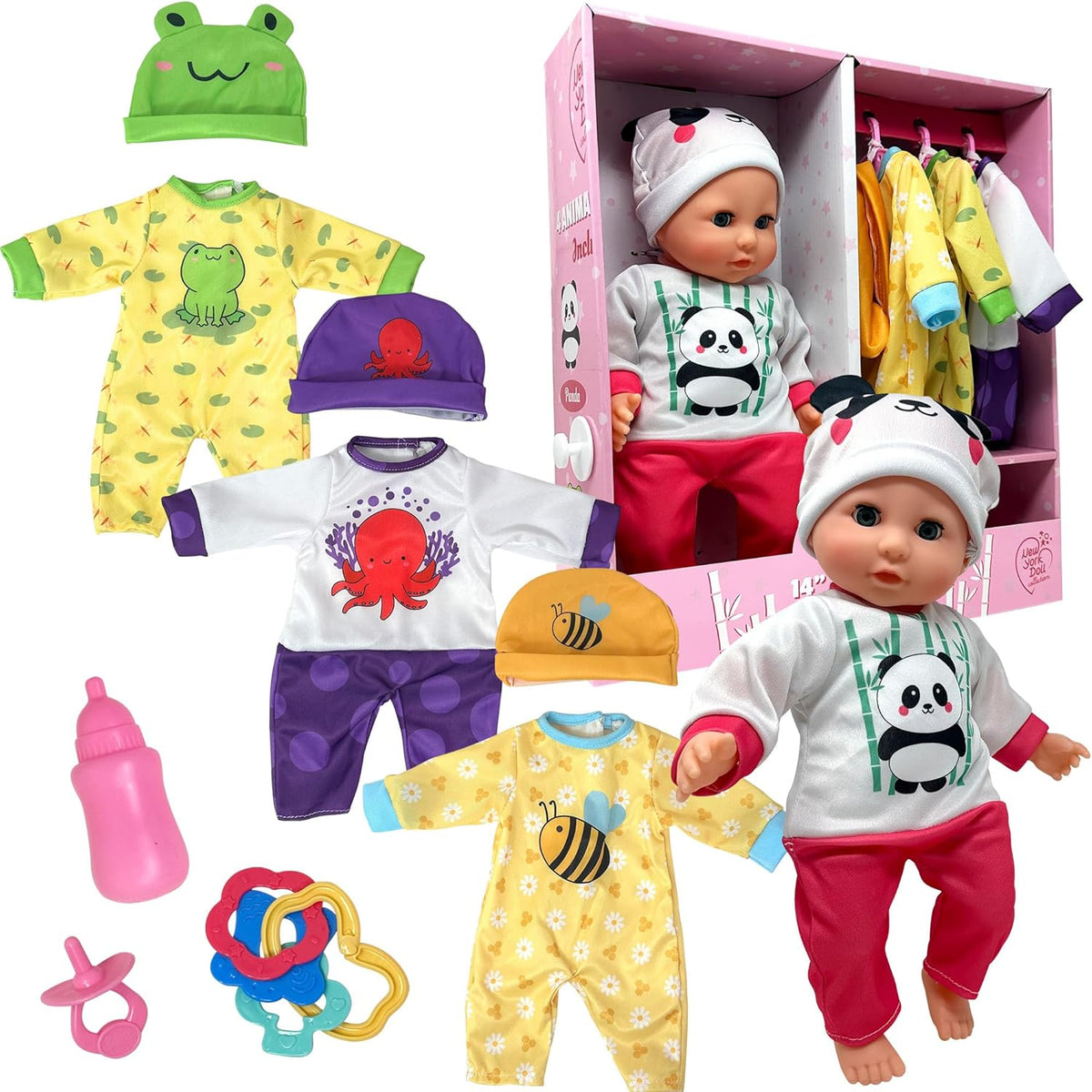 Muñeca de bebé de cuerpo suave con accesorios y 4 juegos de trajes de animales, caucásico
