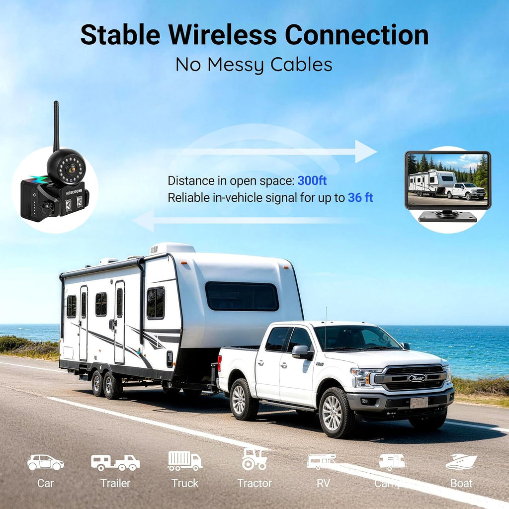 Cámara magnética inalámbrica de respaldo solar con lente ajustable de 360°, monitor de pantalla táctil 1080P de 7 pulgadas, grabación DVR, IP69K impermeable, apagado automático y visión