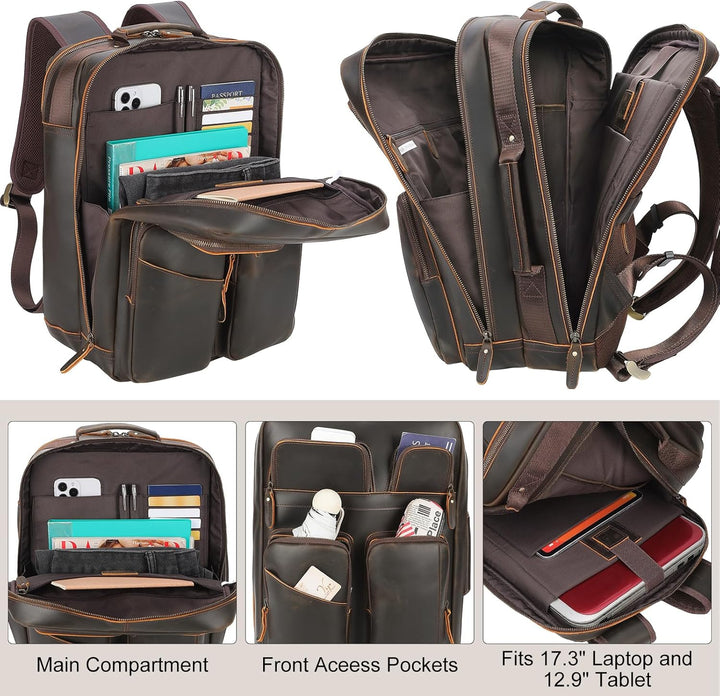 TIDING Mochila para portátil de cuero de grano completo de 17.3 pul...