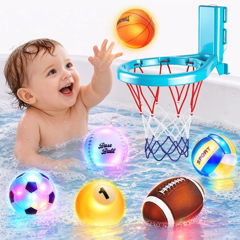 Juguetes de baño, juguete iluminado para bañera para niños pequeños de 1-3 años, 6 piezas con aro de baloncesto
