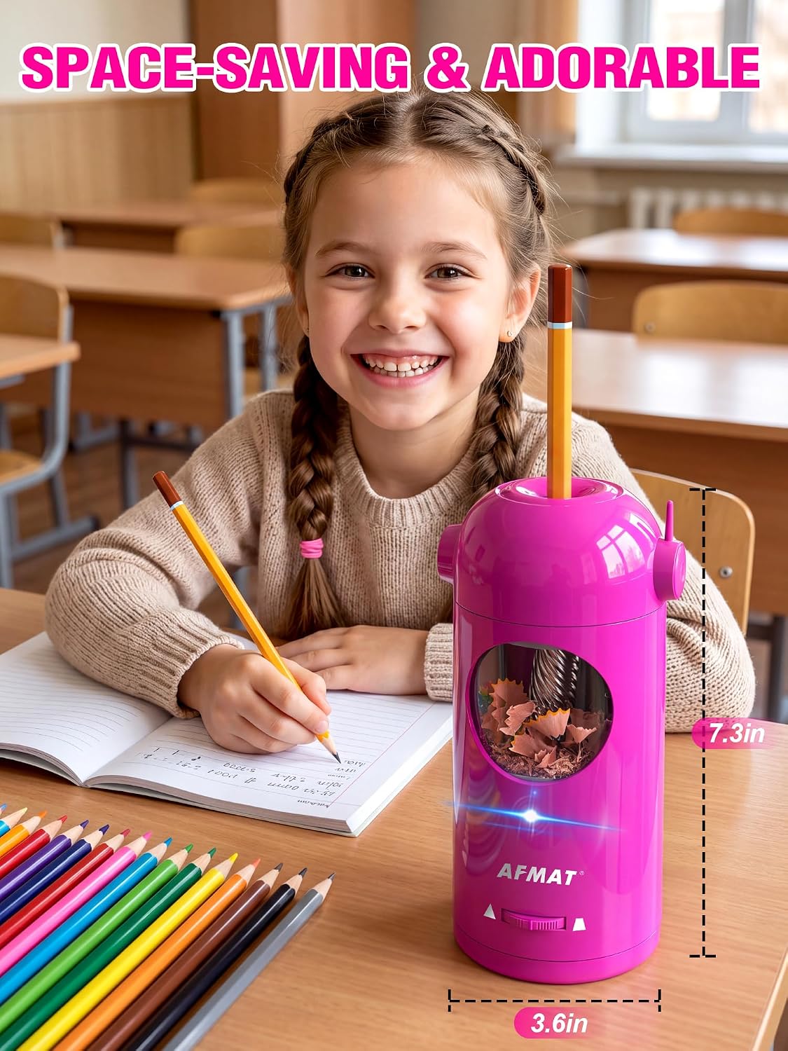 AFMAT Sacapuntas eléctrico PSX5 para aula, sacapuntas automático para niños y lápices de colores, jumbo de 0.276-0.5 in, 3 ajustes de nitidez, sacapuntas robot inalámbrico recargable para profesores