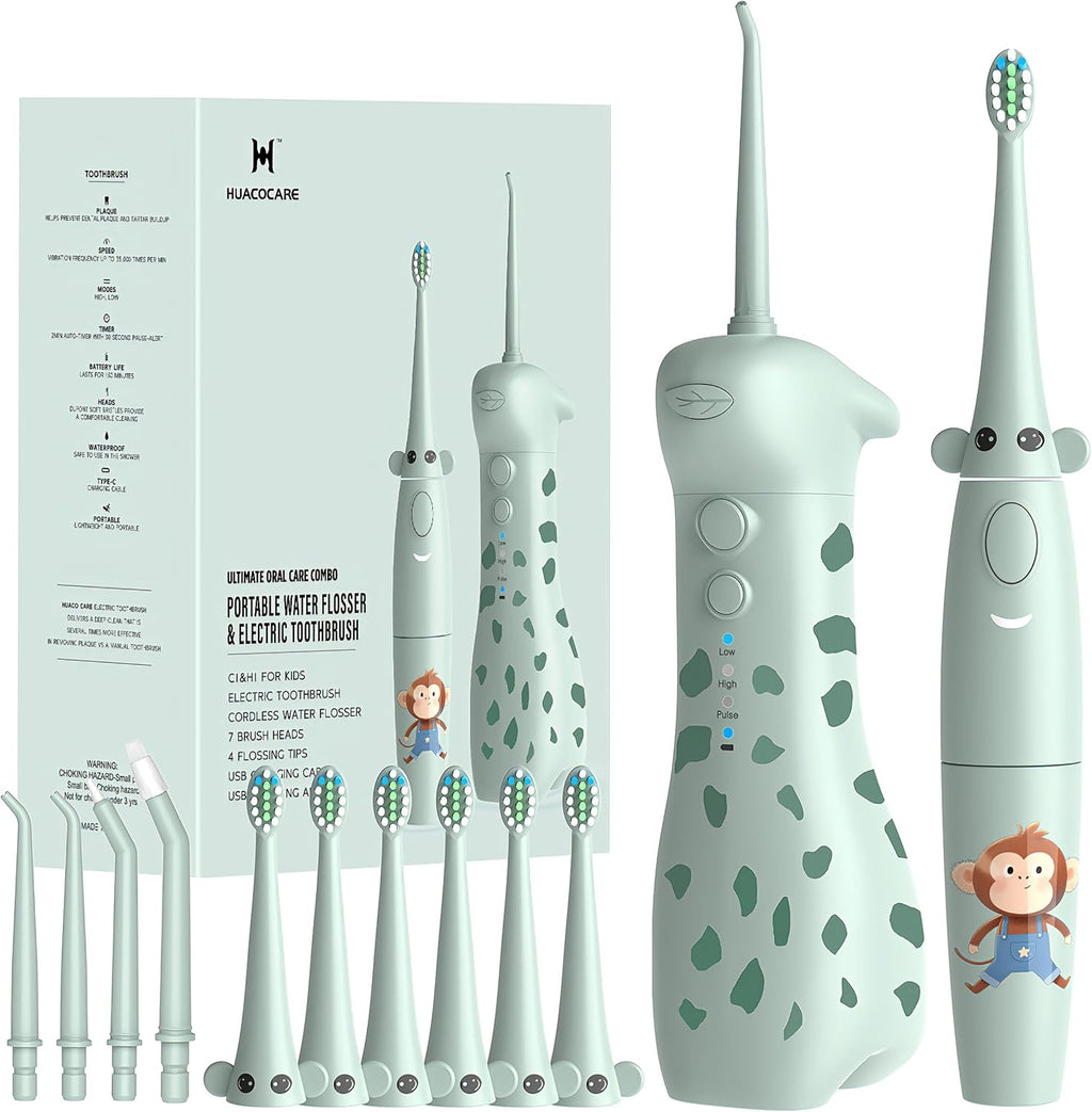 Irrigador dental eléctrico para niños de 6 a 12 años, irrigador oral para niños con 3 modos suaves y 2 modos sónicos, kit dental compatible con aparatos ortopédicos para niños y niñas (diseño de jirafa y mono)