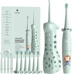 Irrigador dental eléctrico para niños de 6 a 12 años, irrigador oral para niños con 3 modos suaves y 2 modos sónicos, kit dental compatible con aparatos ortopédicos para niños y niñas (diseño de jirafa y mono)
