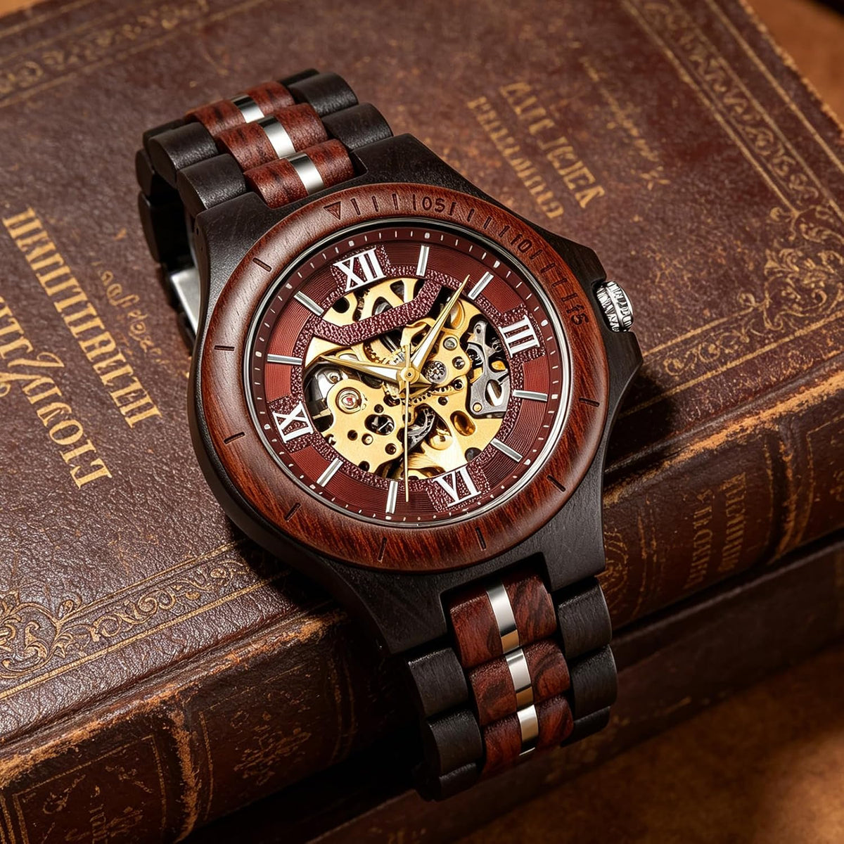 Reloj mecánico de madera para hombre Tiong, reloj automático esqueleto con caja de regalo