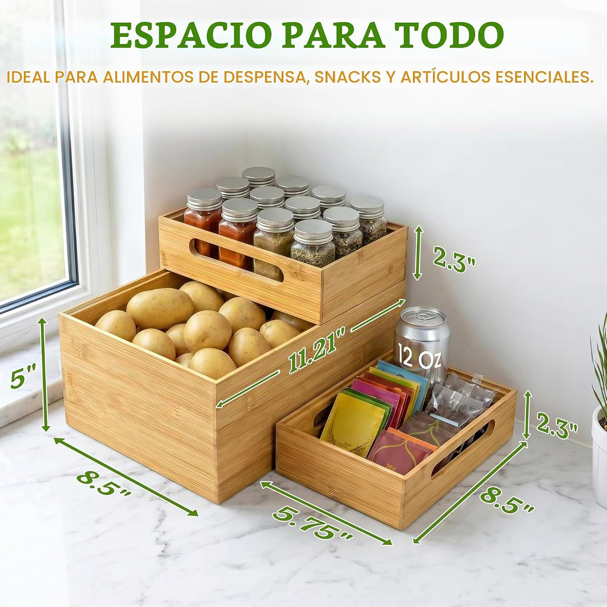 HOMESTEAD Caja de almacenamiento apilable de bambú de 3 piezas, contenedor de almacenamiento grande, cajas de madera para organizador de cajones de maquillaje, baño, suministros de oficina, utensilios
