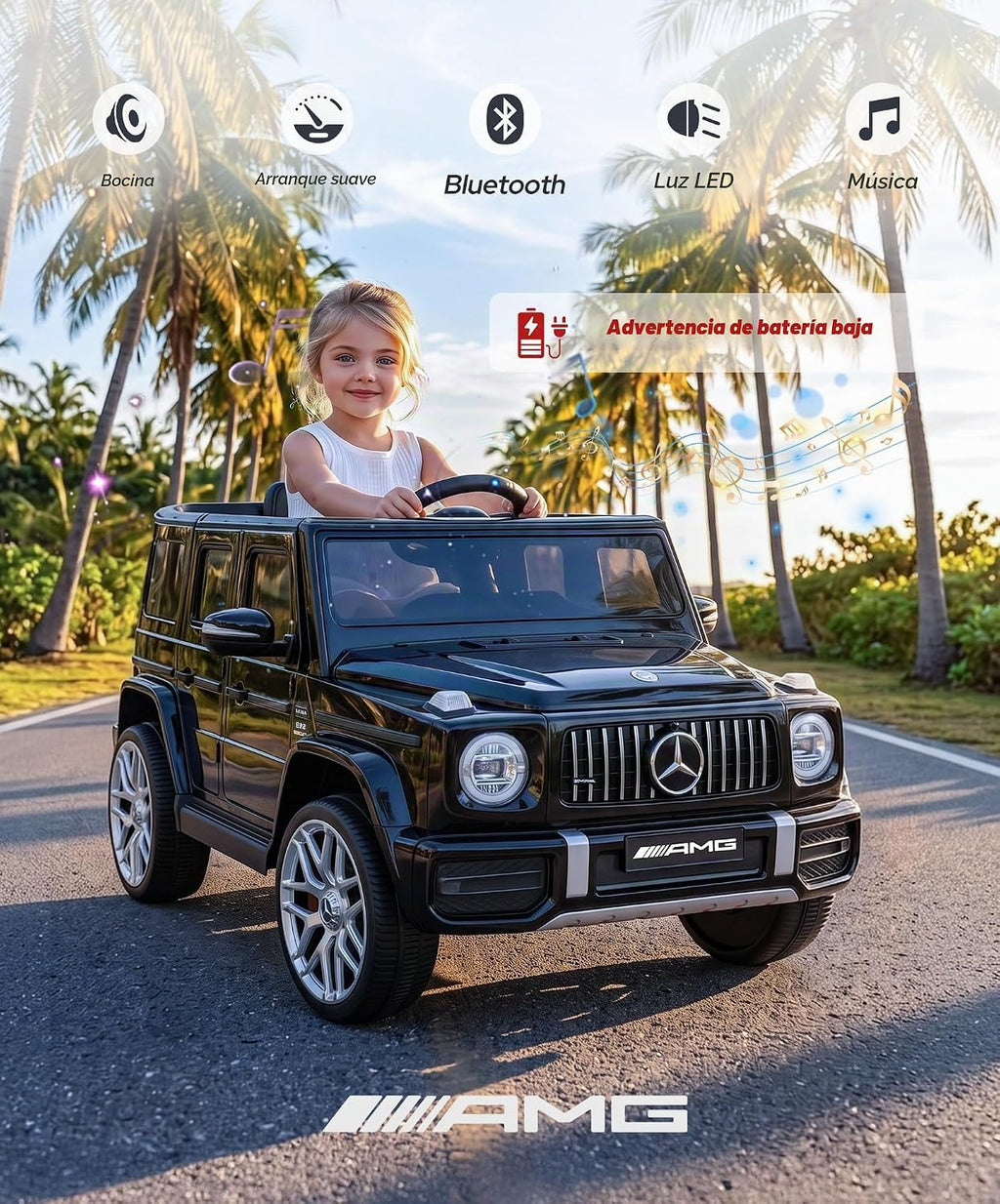 Mercedes-Benz AMG G63 - Juguetes de paseo con licencia de 12 V con control remoto, batería recargable, luces parpadeantes/luces LED, Bluetooth, música y bocina, arranque suave, batería baja