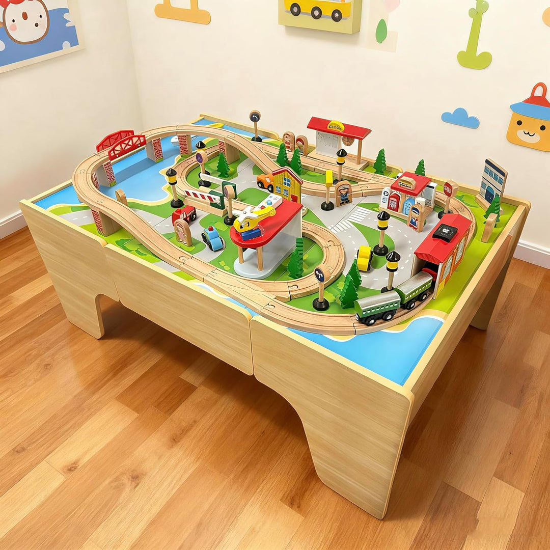 Juego de tren de madera y mesa con cajón mesa de