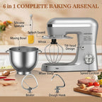 Batidora de pie 6 en 1 con cuenco de 6.5 cuartos de galón, 660 W 10+p velocidades de cocina, mezclador de alimentos de cabeza inclinable para pan y pasteles, para el hogar diario (plateado)